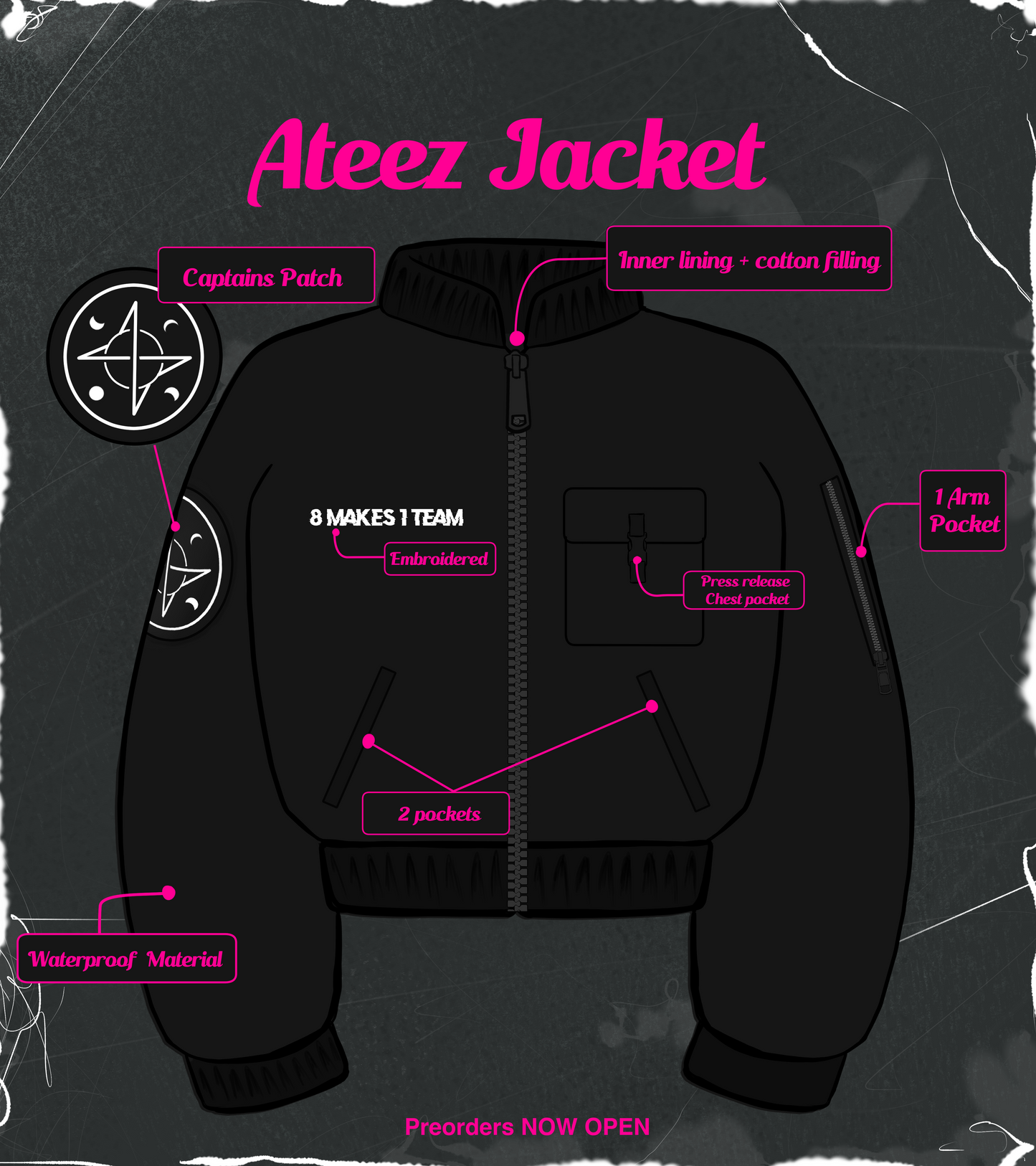 Unleash your ATINY spirit with our ATEEZ-inspired jacket! Crafted for KPOP enthusiasts, this cozy and stylish piece is a tribute to Ateez’s latest MV Crazy Form. Don’t miss out – grab yours now! 🎶 #ATEEZStyle #ATINYFashion #KPOPClothing #LimitedEdition