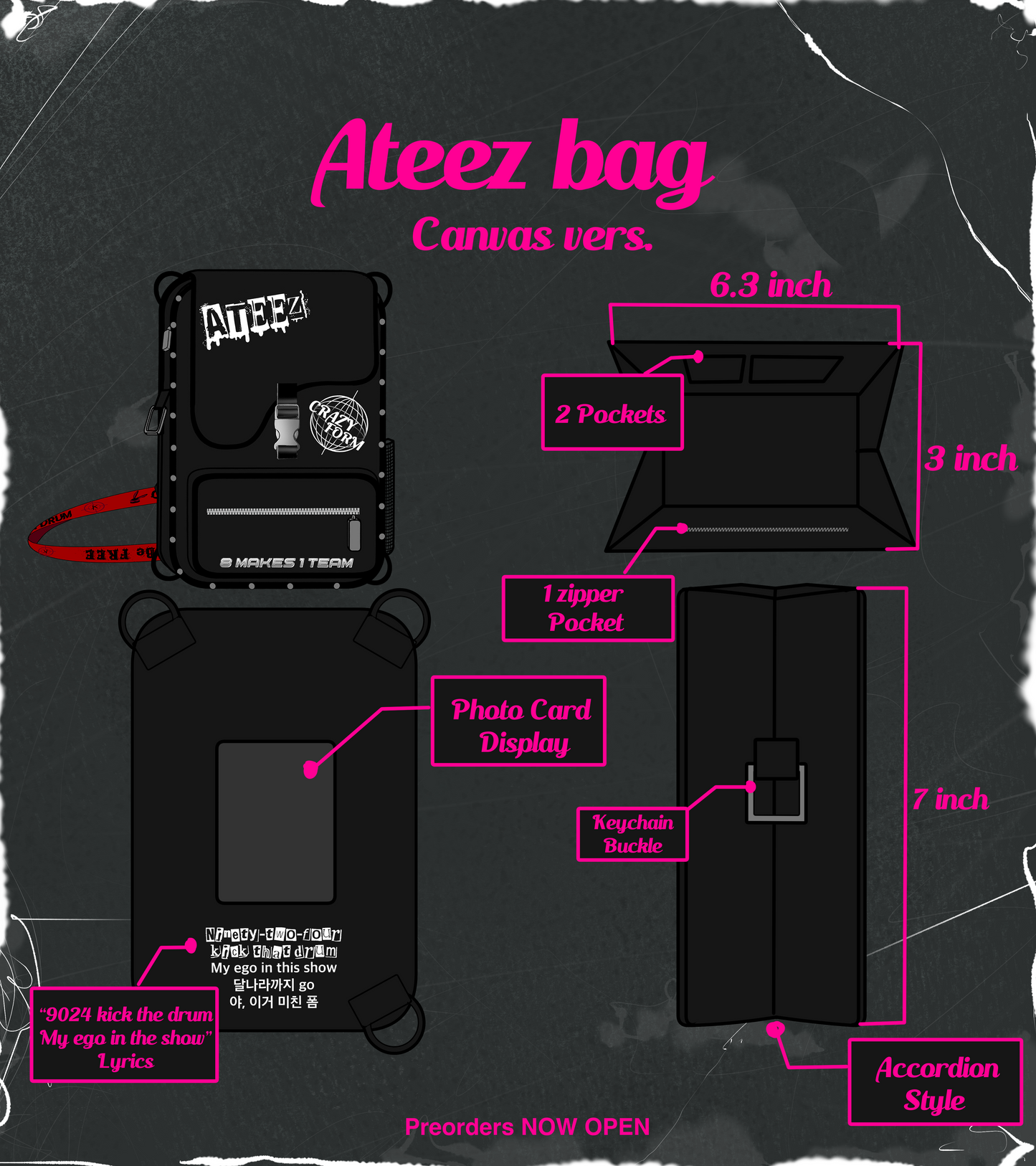 Embrace style and functionality with our ATEEZ-inspired black canvas bag! Perfect for concert goers and everyday use. Join the trend – own your KPOP fashion statement. Limited stock, shop now! 🖤 #ATEEZStyle #StadiumFashion #CanvasBag