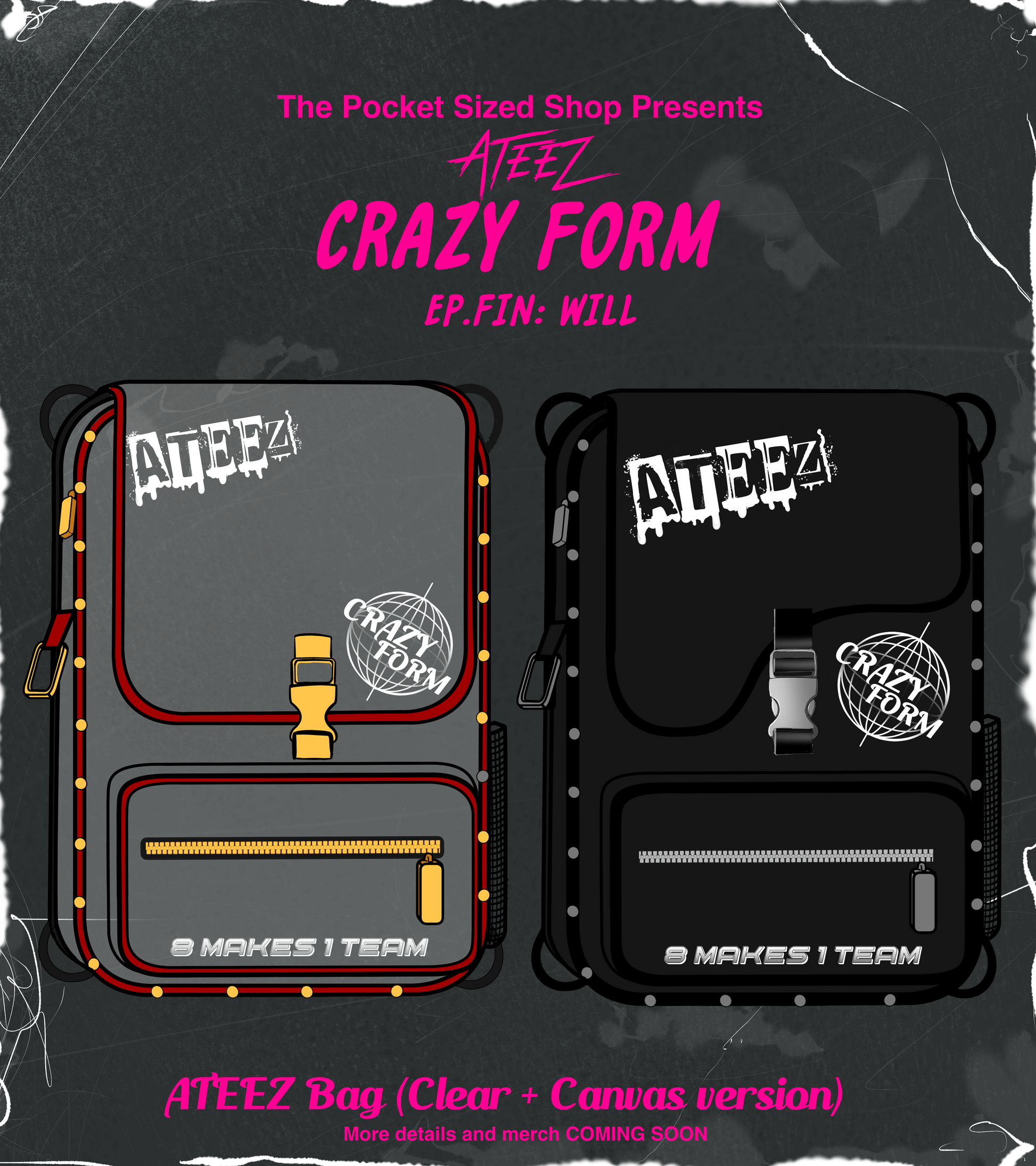 Explore our ATEEZ-inspired merch collection! Featuring the exclusive Crazy Form MV and EP.Fin:All album clear transparent jelly bag – perfect for concerts. Paired with our versatile black canvas bag, your ultimate stadium-ready companions for KPOP events. Limited stock available
